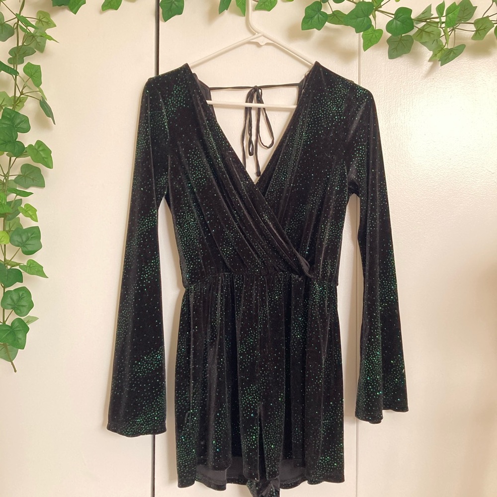 NWOT Topshop Green Black Velvet Jumpsuit Romper